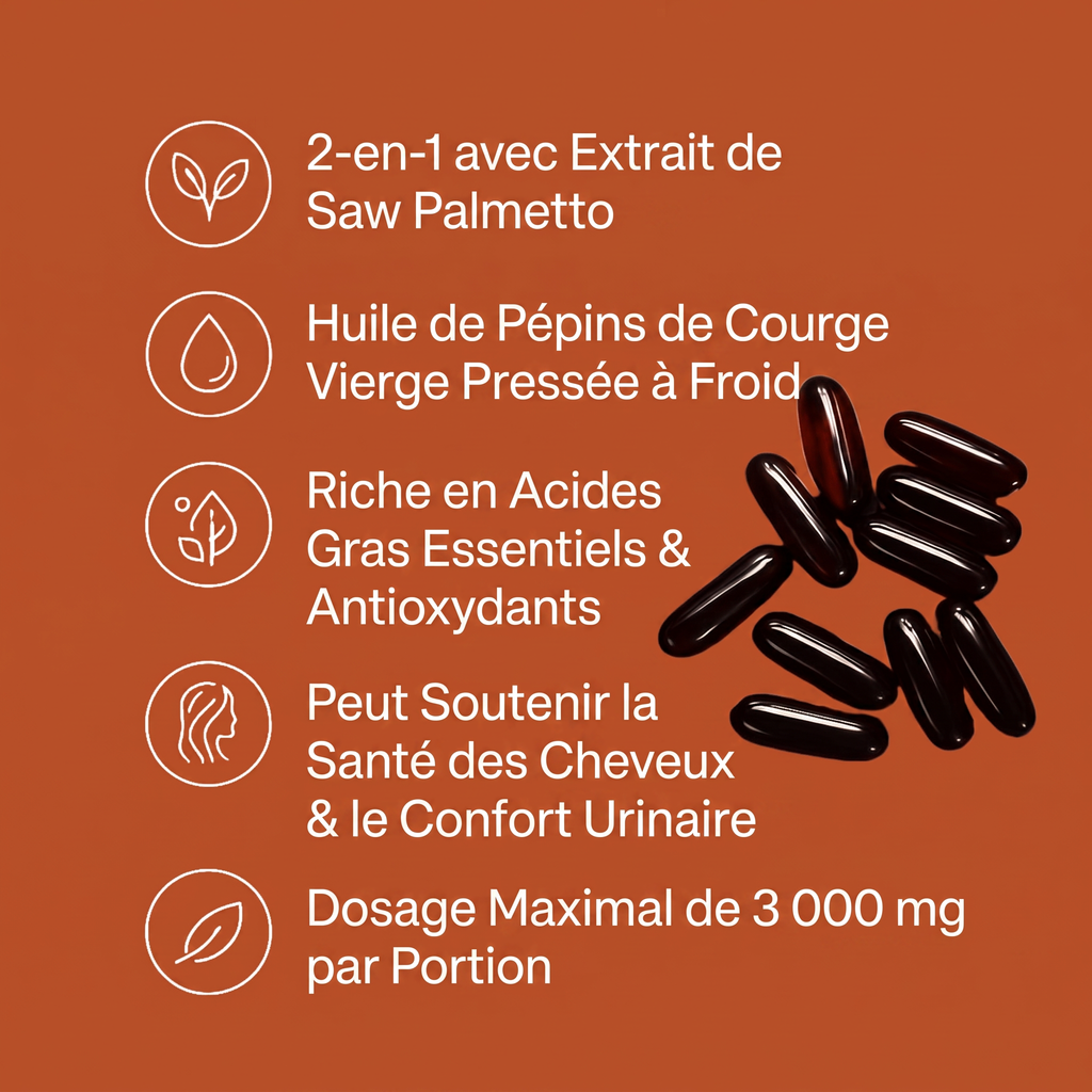 Formule 2-en-1 avec extrait de Saw Palmetto, huile vierge pressée à froid, 3 000 mg par portion