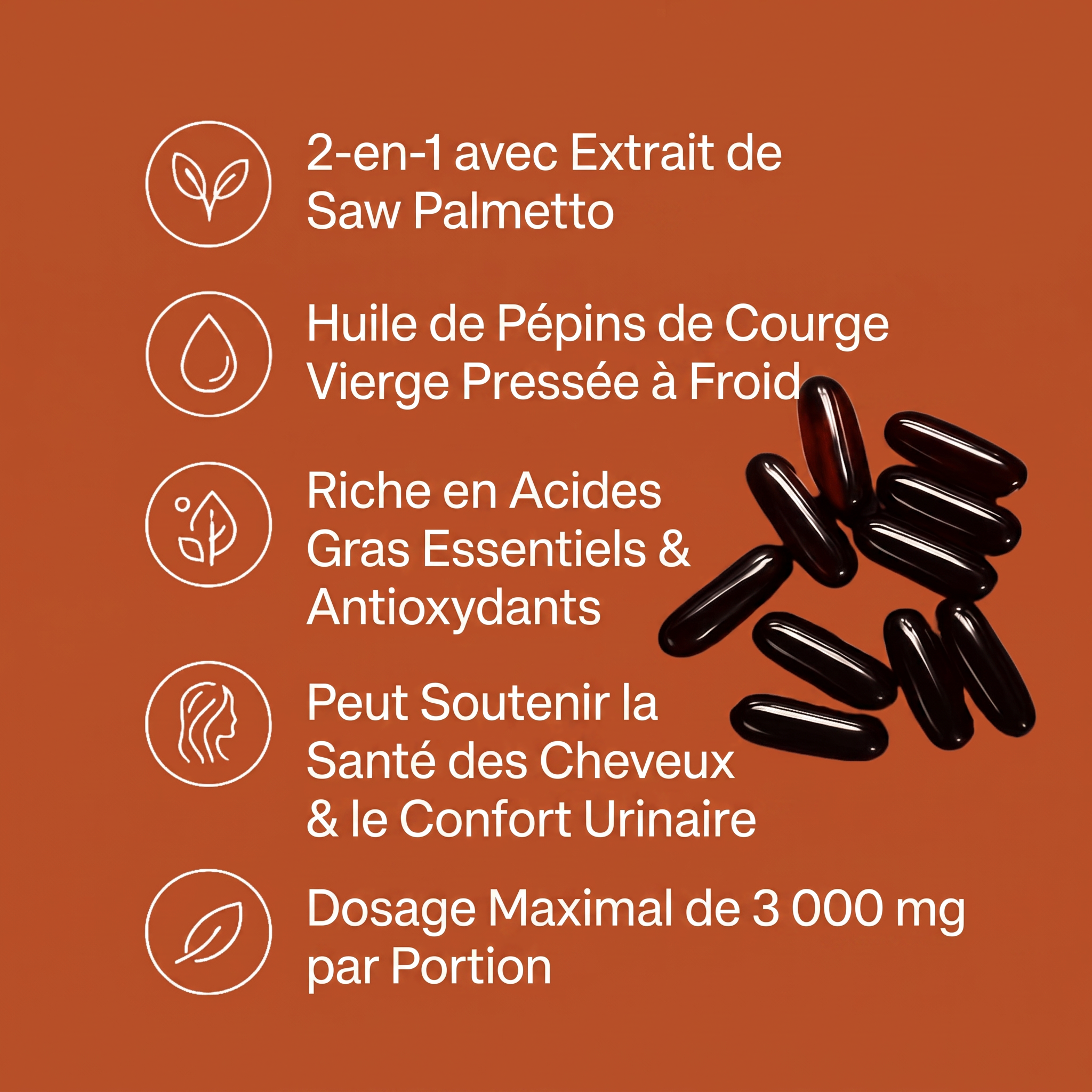 Formule 2-en-1 avec extrait de Saw Palmetto, huile vierge pressée à froid, 3 000 mg par portion