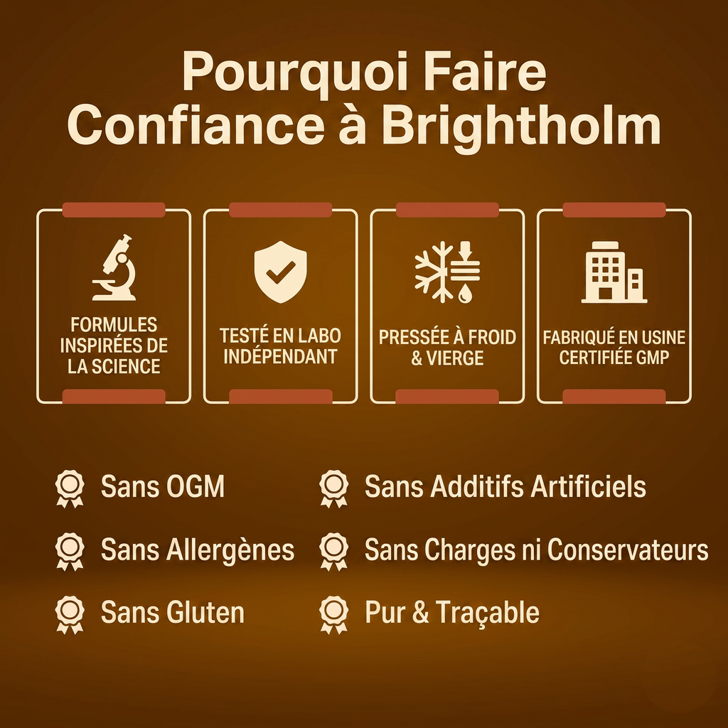 Pourquoi faire confiance à Brightholm : testé en labo indépendant, pressée à froid, sans OGM, sans gluten